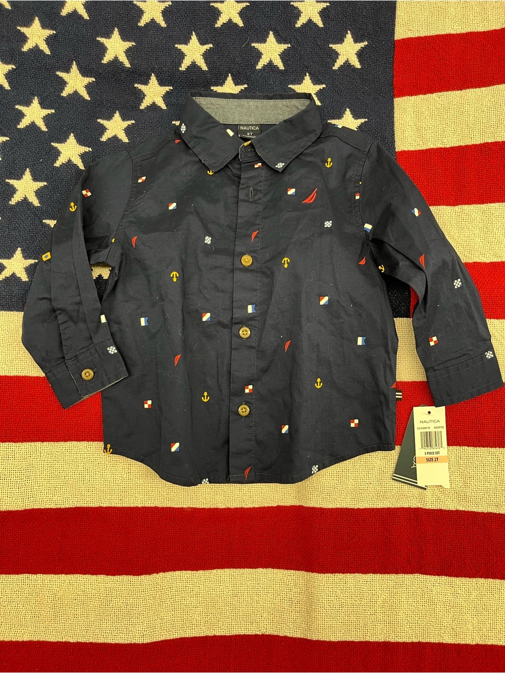 Nautica Navy Button-Down Shirt with Red & Yellow Nautical Icons Boys Size 2T NWT